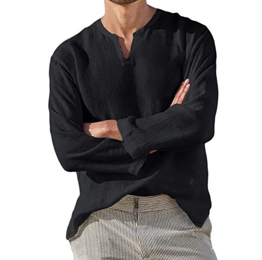 PexFord - Men's cotton and linen V-neck shirt.