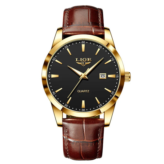 PexFord - LIGE Fashion men's watch in brown leather and waterproof.