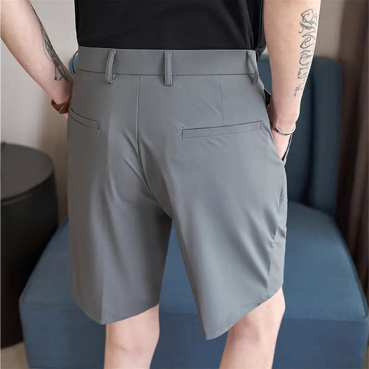 Summer Men's Ice Silk Lightweight Suit Shorts Solid Color Smart Casual Shorts Men Straight Breathable Elastic Knee Length Pants
