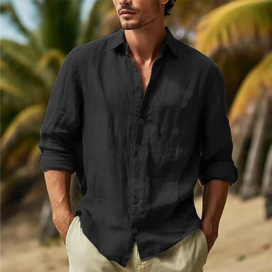 PexFord - Men's cotton and linen shirt with a fold-down collar, Hawaiian style, large size.