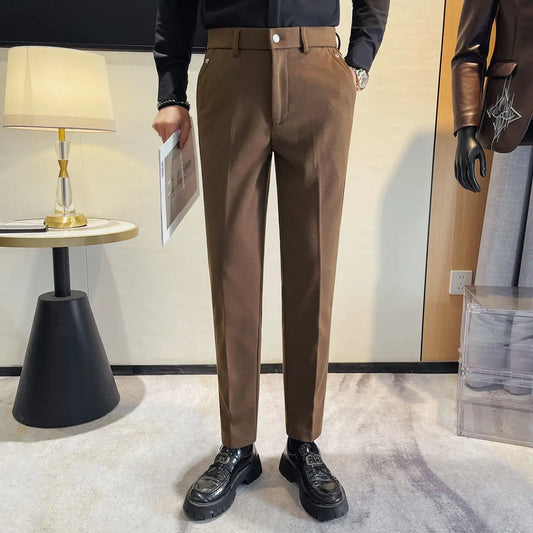 Autumn Winter Thicken Woolen Casual Pants Men Slim Fit Wrinkle Warm Solid Business Suit Pants Wedding Party Social Trousers
